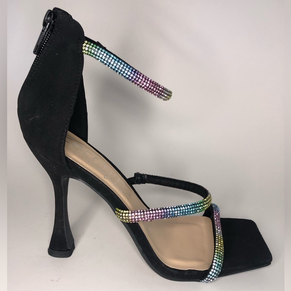 Coconuts by Matisse Open Toe Suede Rainbow Rhinestone Stiletto Heel Size 6.5